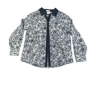 Chico's Blouse Women's M Long Sleeve Collar Button Up Black White NO IRON